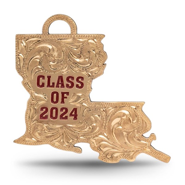 A custom silver tassel charm for 2024 graduates, designed for memorial caps, featuring a Louisiana State Shape